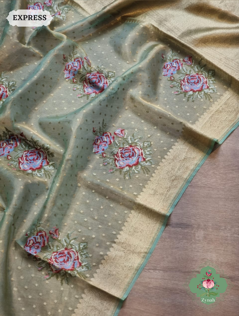 Green Handwoven Banarasi Tissue Silk Saree With Kanchi Border, All Over Butis & Cross-Stitched Inspired Butis