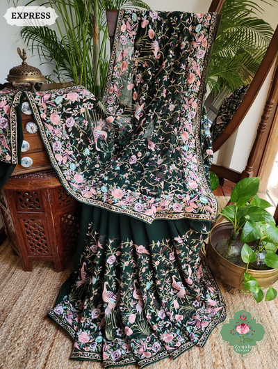 Zynah Green Pure Georgette Saree With Parsi Gara Inspired Embroidery; Custom Stitched/Ready-made Blouse, Fall, Petticoat; SKU: 2008202502