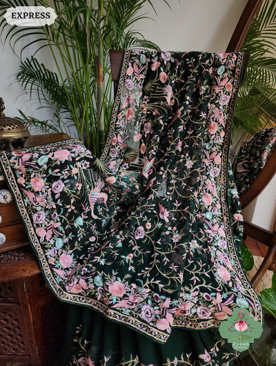 Zynah Green Pure Georgette Saree With Parsi Gara Inspired Embroidery; Custom Stitched/Ready-made Blouse, Fall, Petticoat; SKU: 2008202502