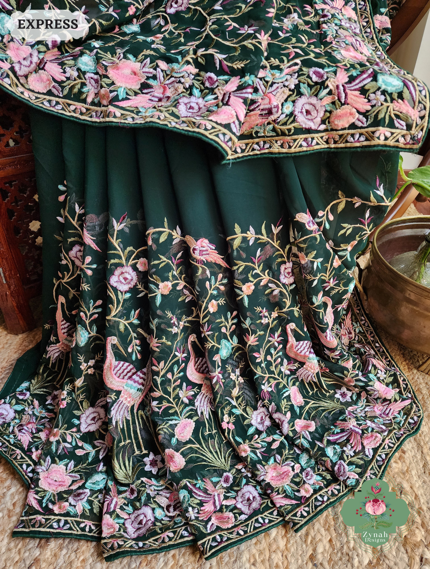 Zynah Green Pure Georgette Saree With Parsi Gara Inspired Embroidery; Custom Stitched/Ready-made Blouse, Fall, Petticoat; SKU: 2008202502