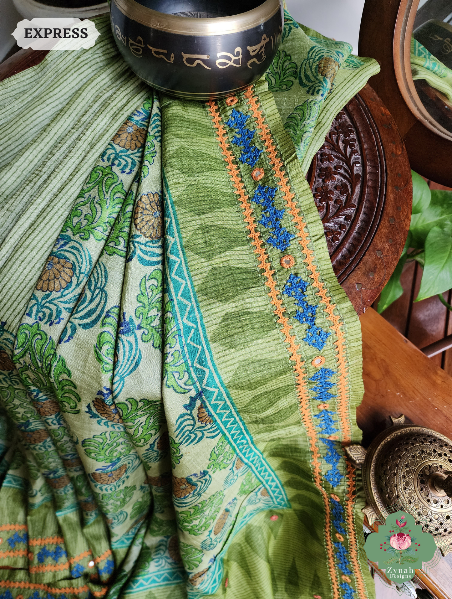 Zynah Green Hand-Block Printed Tussar Silk Saree With Kutch Embroidery; Custom Stitched/Ready-made Blouse, Fall, Petticoat; SKU: 2805202506