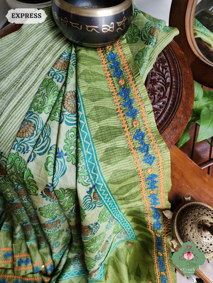 Zynah Green Hand-Block Printed Tussar Silk Saree With Kutch Embroidery; Custom Stitched/Ready-made Blouse, Fall, Petticoat; SKU: 2805202506