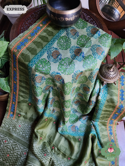 Zynah Green Hand-Block Printed Tussar Silk Saree With Kutch Embroidery; Custom Stitched/Ready-made Blouse, Fall, Petticoat; SKU: 2805202506