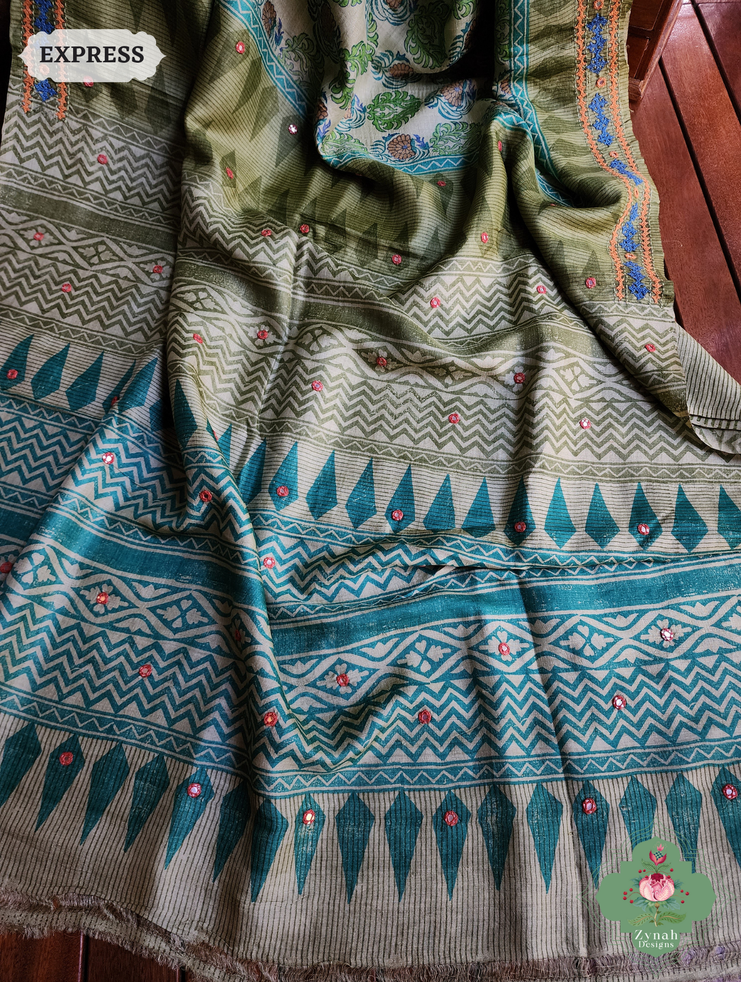 Zynah Green Hand-Block Printed Tussar Silk Saree With Kutch Embroidery; Custom Stitched/Ready-made Blouse, Fall, Petticoat; SKU: 2805202506