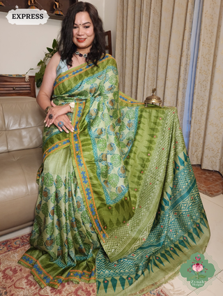 Zynah Green Hand-Block Printed Tussar Silk Saree With Kutch Embroidery; Custom Stitched/Ready-made Blouse, Fall, Petticoat; SKU: 2805202506