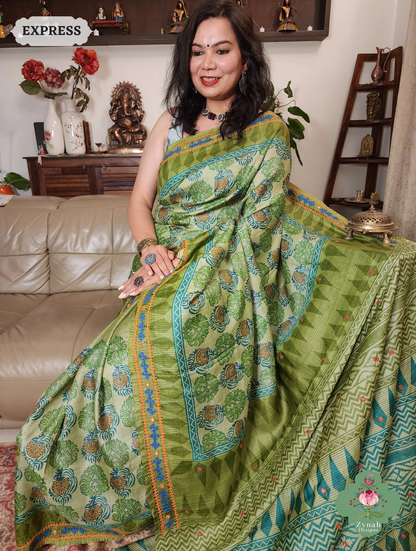 Zynah Green Hand-Block Printed Tussar Silk Saree With Kutch Embroidery; Custom Stitched/Ready-made Blouse, Fall, Petticoat; SKU: 2805202506