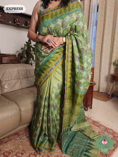 Zynah Green Hand-Block Printed Tussar Silk Saree With Kutch Embroidery; Custom Stitched/Ready-made Blouse, Fall, Petticoat; SKU: 2805202506