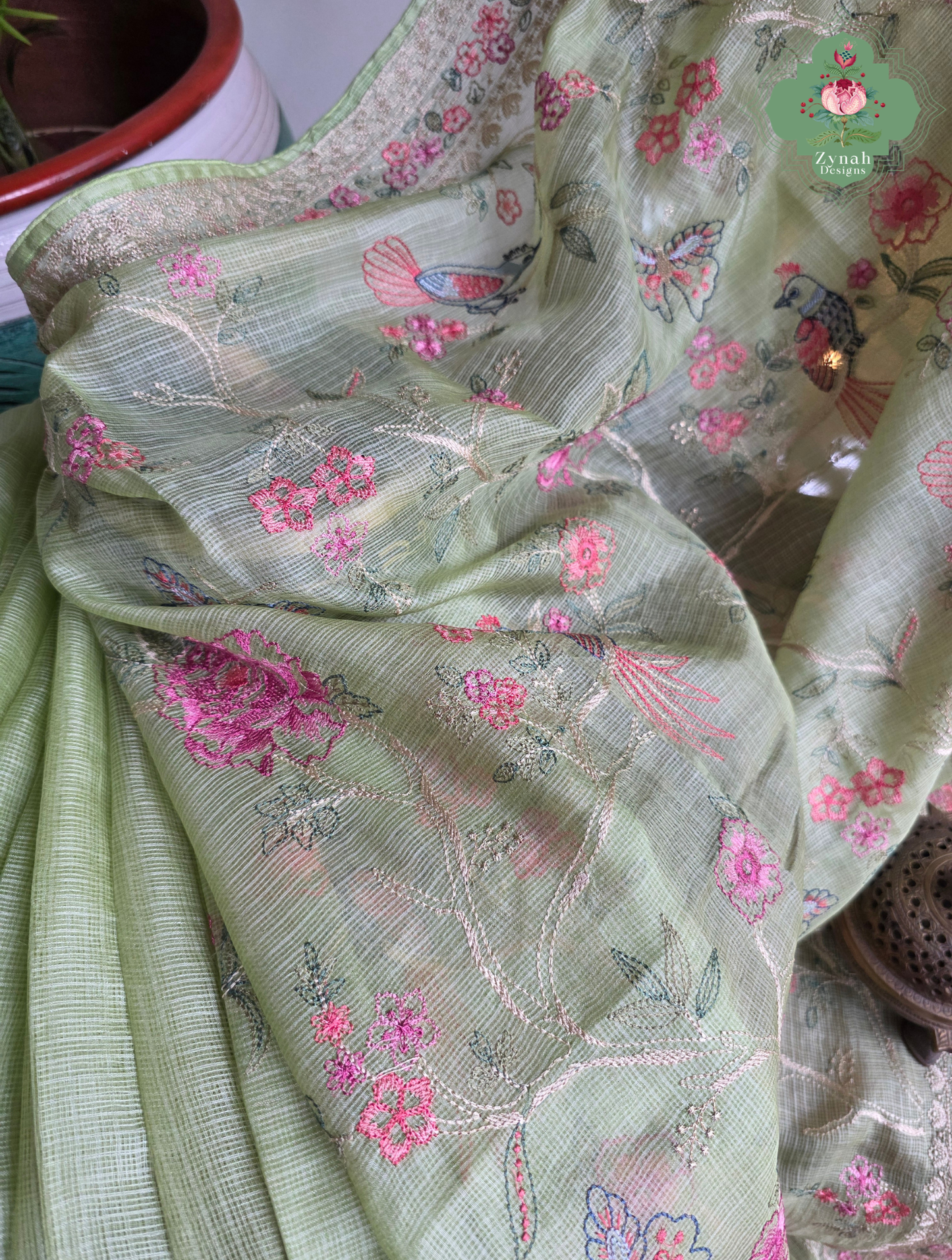 Summer Barefoot Green Kota Tussar Silk Saree With Embroidery