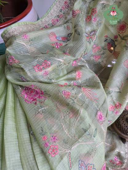 Summer Barefoot Green Kota Tussar Silk Saree With Embroidery