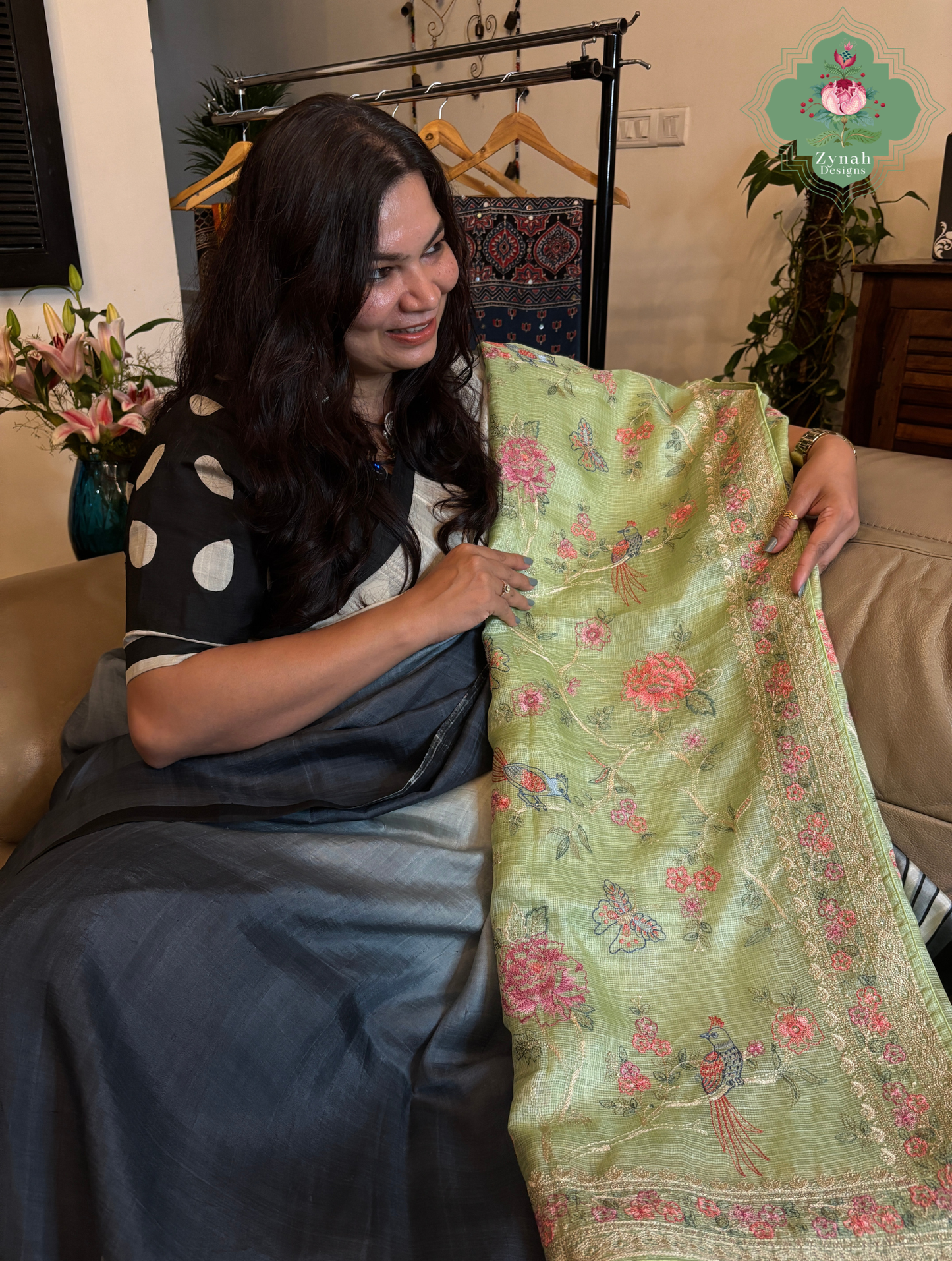 Summer Barefoot Green Kota Tussar Silk Saree With Embroidery