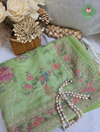 Summer Barefoot Green Kota Tussar Silk Saree With Embroidery