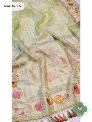 Zynah Made To Order Green Kota Tussar Silk Saree With Embroidery; Custom Stitched/Ready-made Blouse, Fall, Petticoat; SKU: 1510202502