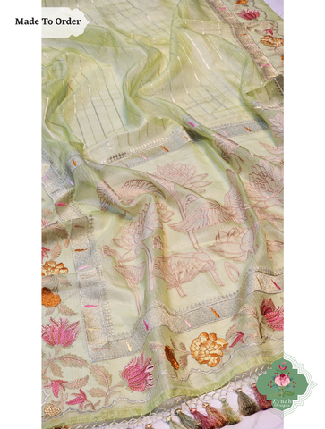 Zynah Made To Order Green Kota Tussar Silk Saree With Embroidery; Custom Stitched/Ready-made Blouse, Fall, Petticoat; SKU: 1510202502