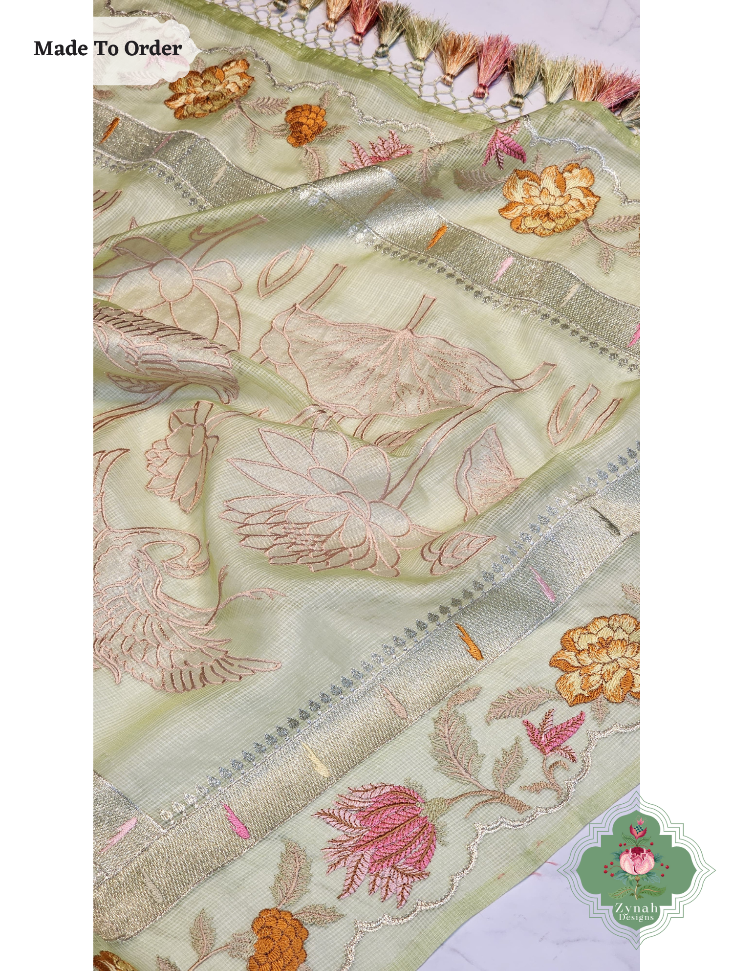Zynah Made To Order Green Kota Tussar Silk Saree With Embroidery; Custom Stitched/Ready-made Blouse, Fall, Petticoat; SKU: 1510202502
