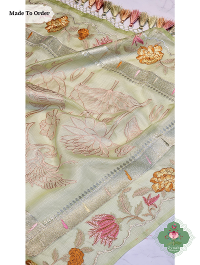 Zynah Made To Order Green Kota Tussar Silk Saree With Embroidery; Custom Stitched/Ready-made Blouse, Fall, Petticoat; SKU: 1510202502