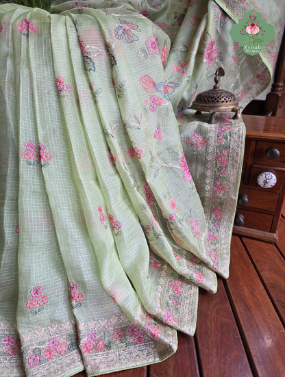 Summer Barefoot Green Kota Tussar Silk Saree With Embroidery