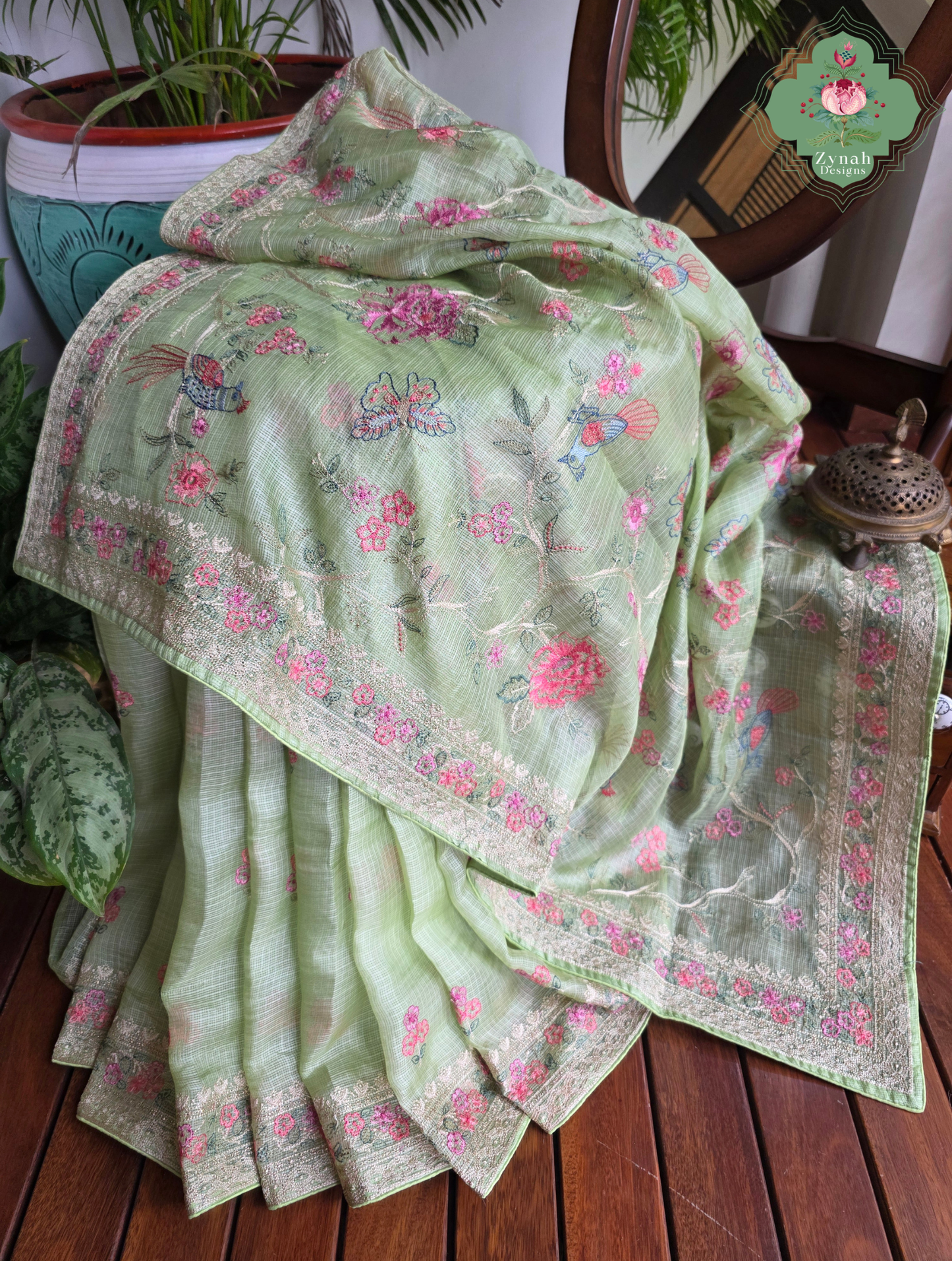 Summer Barefoot Green Kota Tussar Silk Saree With Embroidery