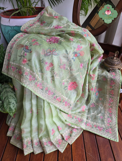 Summer Barefoot Green Kota Tussar Silk Saree With Embroidery