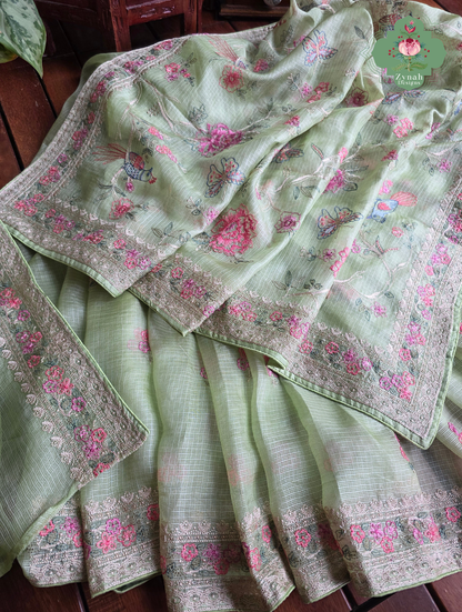 Summer Barefoot Green Kota Tussar Silk Saree With Embroidery