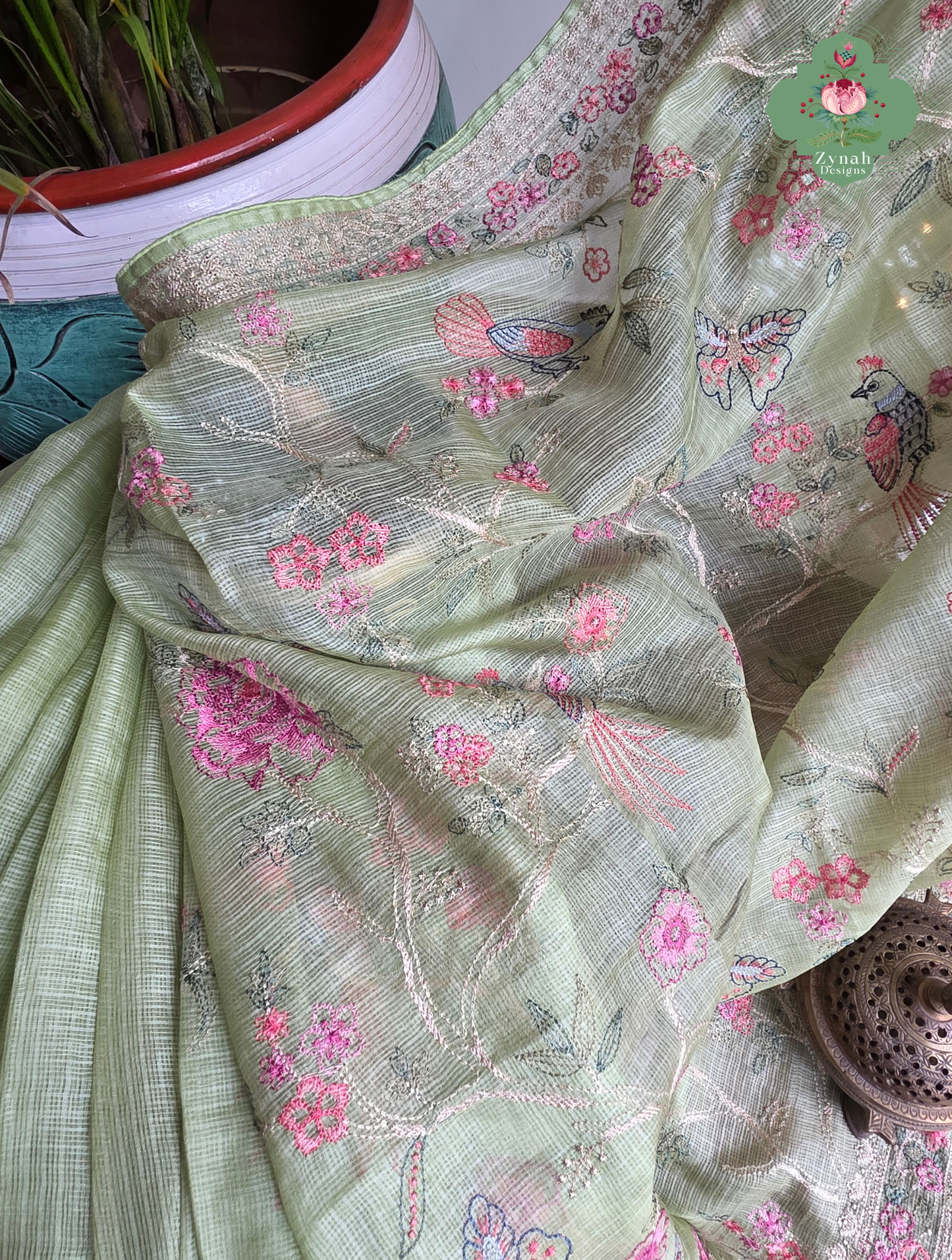 Summer Barefoot Green Kota Tussar Silk Saree With Embroidery