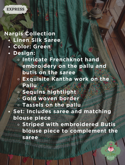 Green Linen Silk Saree With Frenchknot Hand Embroidery 2