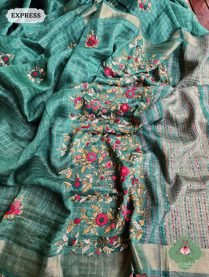 Green Linen Silk Saree With Frenchknot Hand Embroidery 9