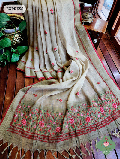 Green Linen Tissue Saree With Frenchknot Hand Embroidery 1