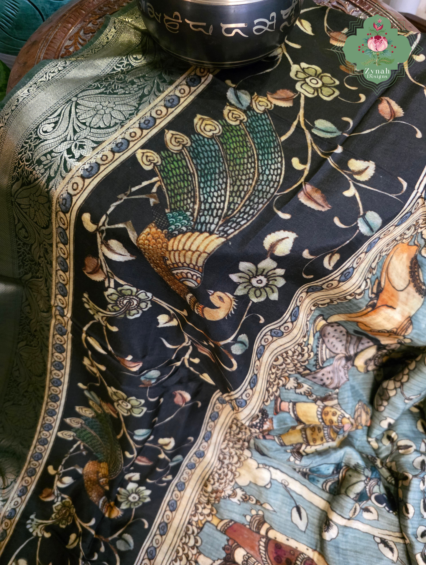 Zynah Harit Kalam – Green Munga Silk Saree with Traditional Kalamkari Print
