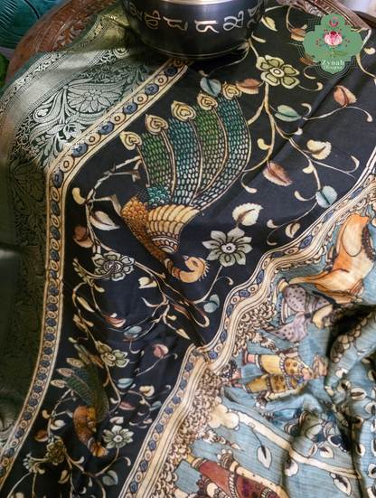 Zynah Harit Kalam – Green Munga Silk Saree with Traditional Kalamkari Print