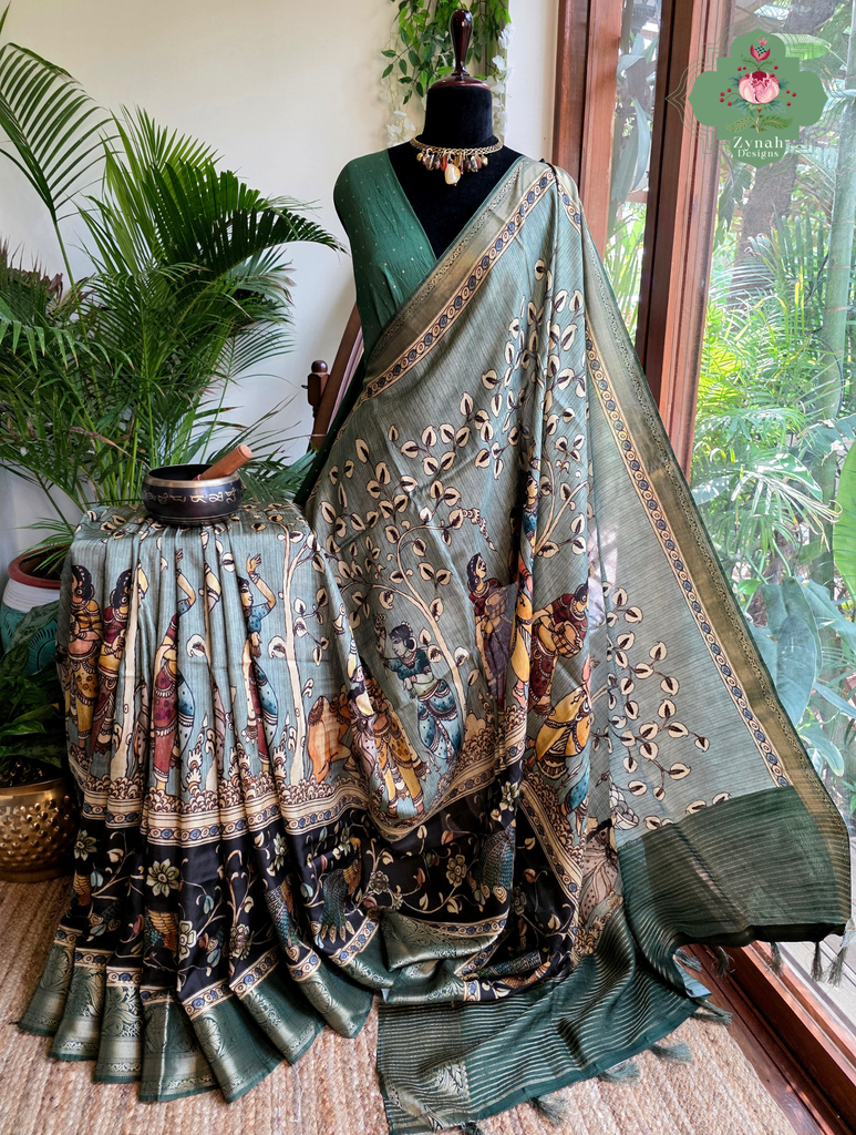 Zynah Green Munga Silk Saree With Kalamkari Print; Custom Stitched/Ready-made Blouse, Fall, Petticoat; SKU: 1006202604