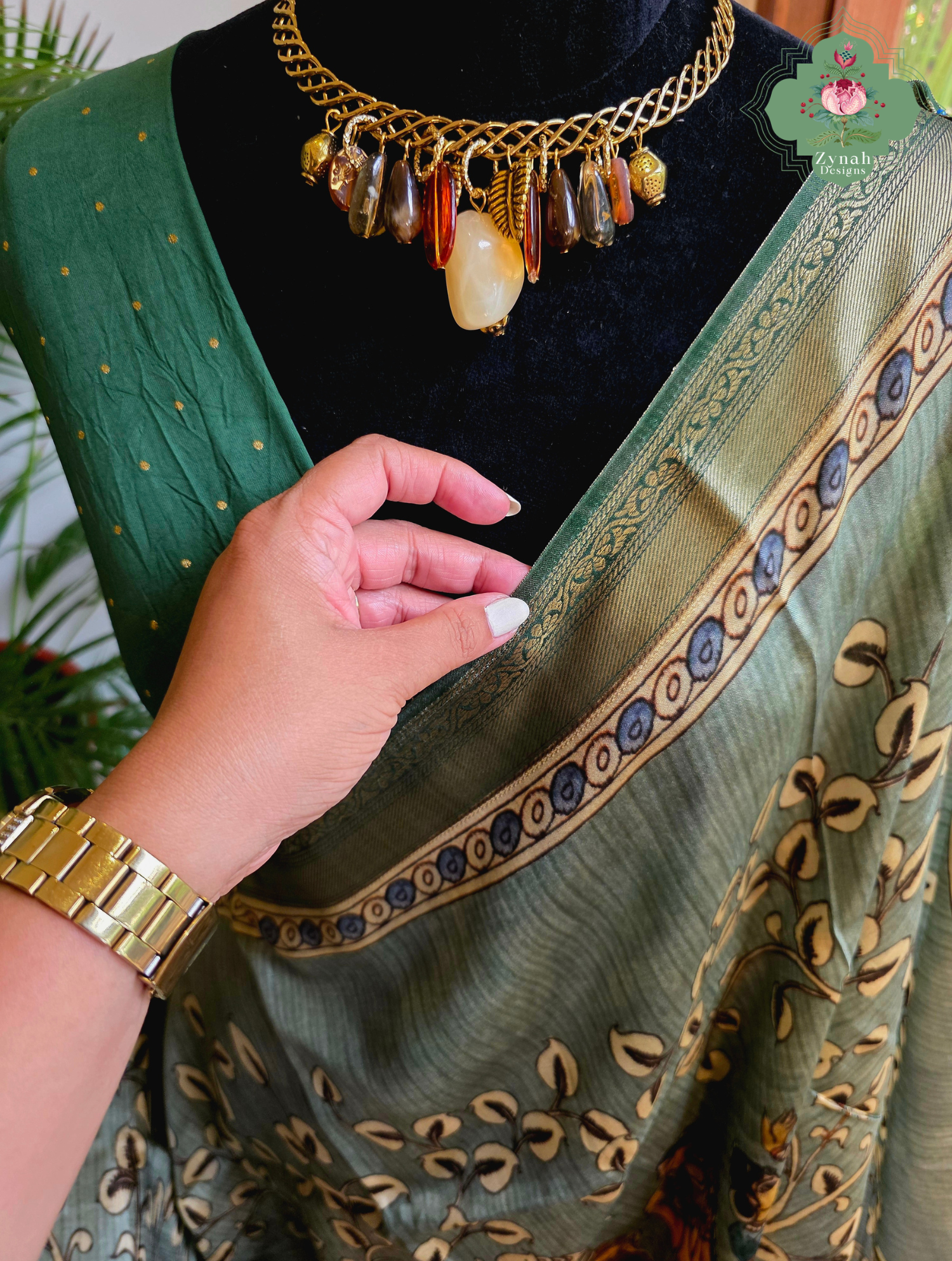 Zynah Green Munga Silk Saree With Kalamkari Print; Custom Stitched/Ready-made Blouse, Fall, Petticoat; SKU: 1006202604