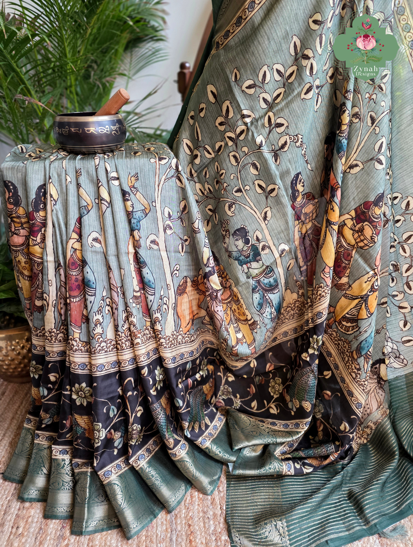 Zynah Harit Kalam – Green Munga Silk Saree with Traditional Kalamkari Print