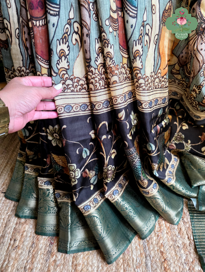 Zynah Harit Kalam – Green Munga Silk Saree with Traditional Kalamkari Print