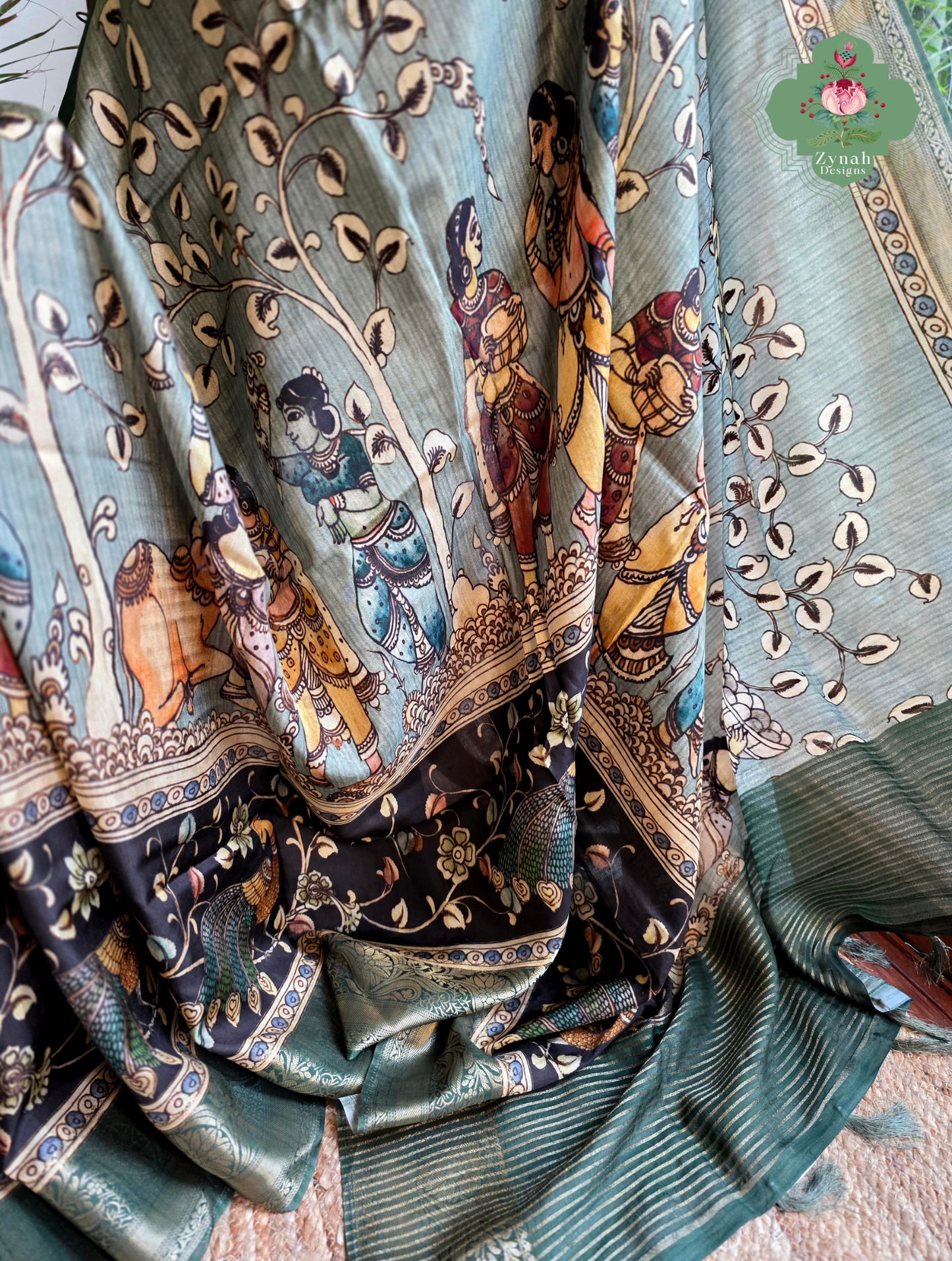 Zynah Harit Kalam – Green Munga Silk Saree with Traditional Kalamkari Print