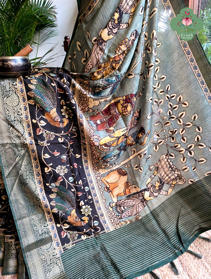 Zynah Harit Kalam – Green Munga Silk Saree with Traditional Kalamkari Print