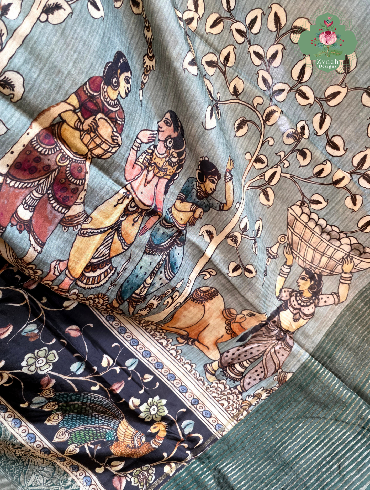 Zynah Harit Kalam – Green Munga Silk Saree with Traditional Kalamkari Print