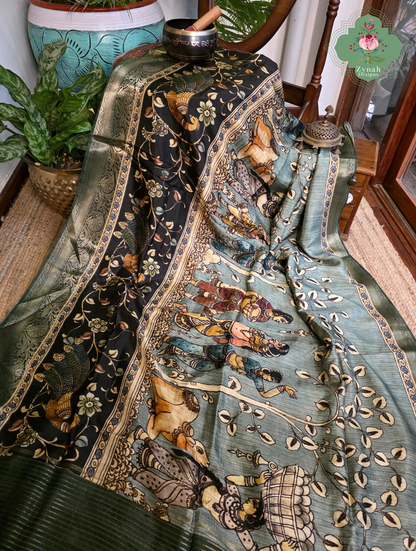 Zynah Harit Kalam – Green Munga Silk Saree with Traditional Kalamkari Print