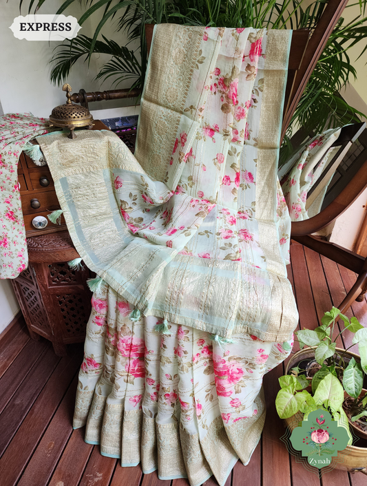 Pista Green Organza Satin Silk Saree: Timeless elegance in exquisite silk fabric with a touch of nature-inspired beauty.