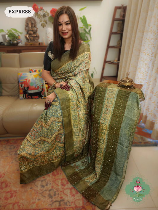 Green Ajrakh Pure Tussar Silk Saree, 100% Natural Dyed & Embroidery hightlights