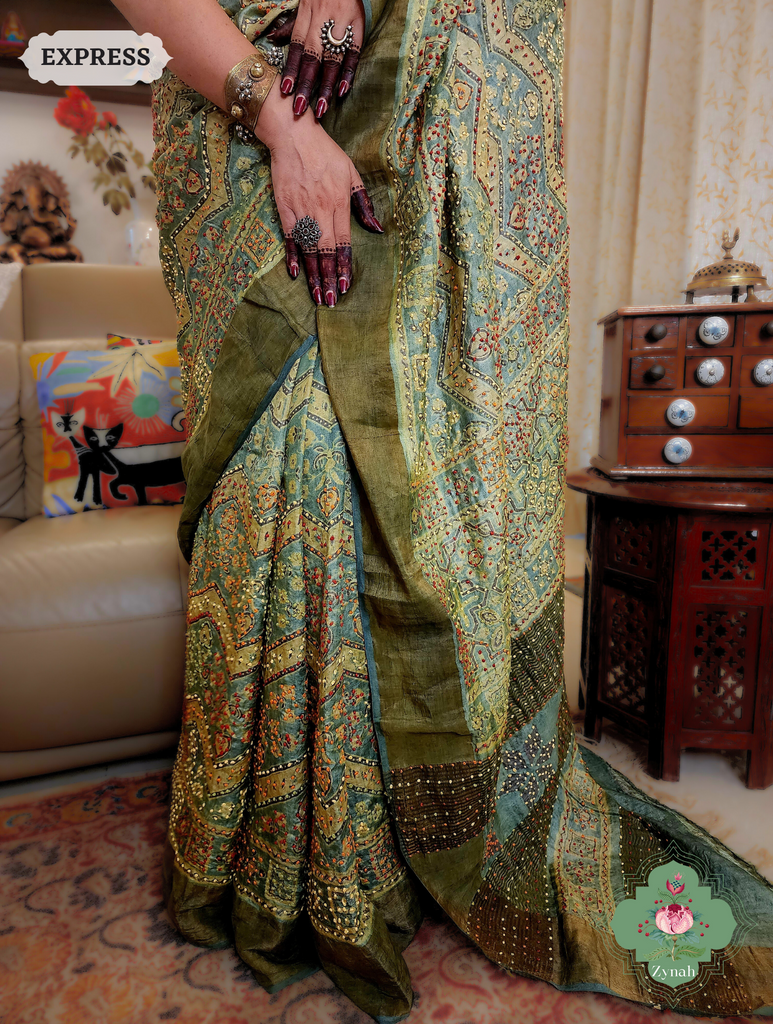 Green Ajrakh Pure Tussar Silk Saree, 100% Natural Dyed & Embroidery hightlights