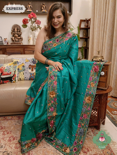 Rama Green Pure Tussar Silk Hand Embroidered Parsi Gara Saree 01