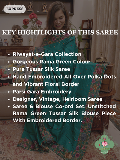 Rama Green Pure Tussar Silk Hand Embroidered Parsi Gara Saree 02