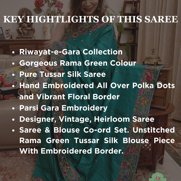 Rama Green Pure Tussar Silk Hand Embroidered Parsi Gara Saree 02