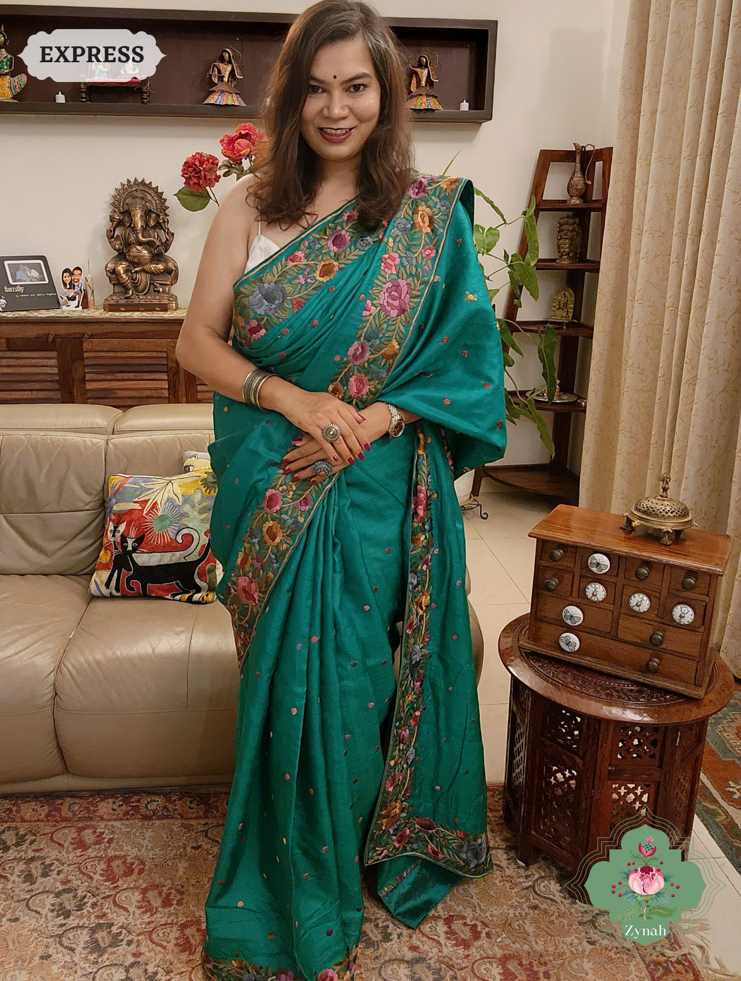 Rama Green Pure Tussar Silk Hand Embroidered Parsi Gara Saree 04