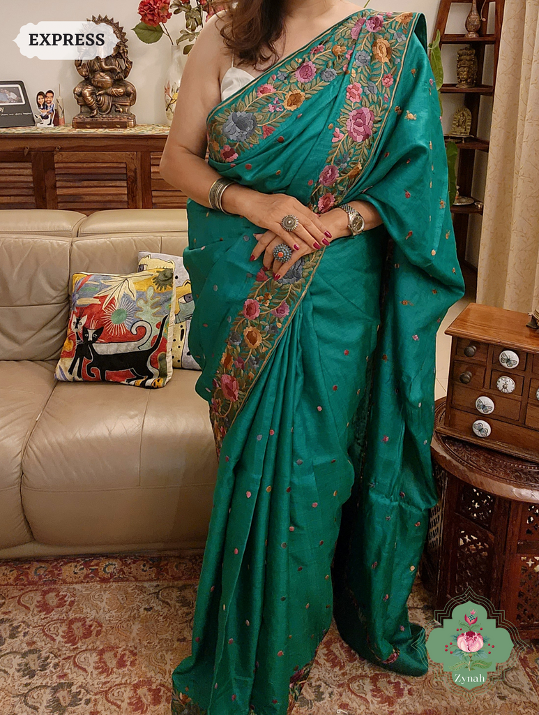 Rama Green Pure Tussar Silk Hand Embroidered Parsi Gara Saree 06