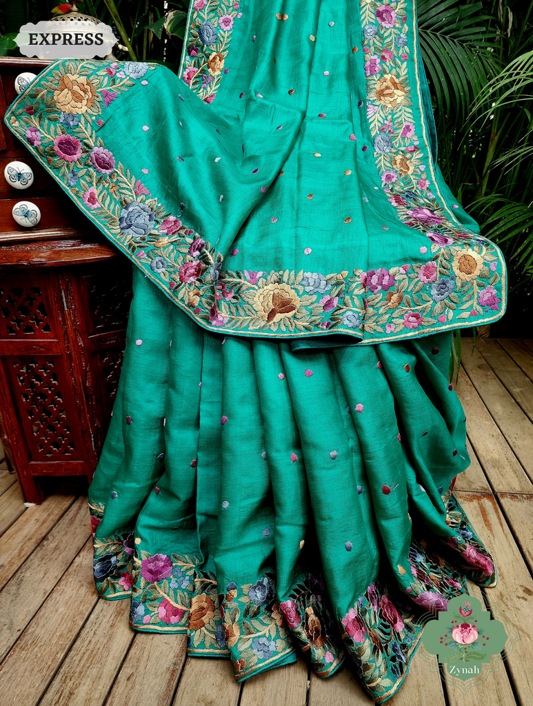 Rama Green Pure Tussar Silk Hand Embroidered Parsi Gara Saree 07