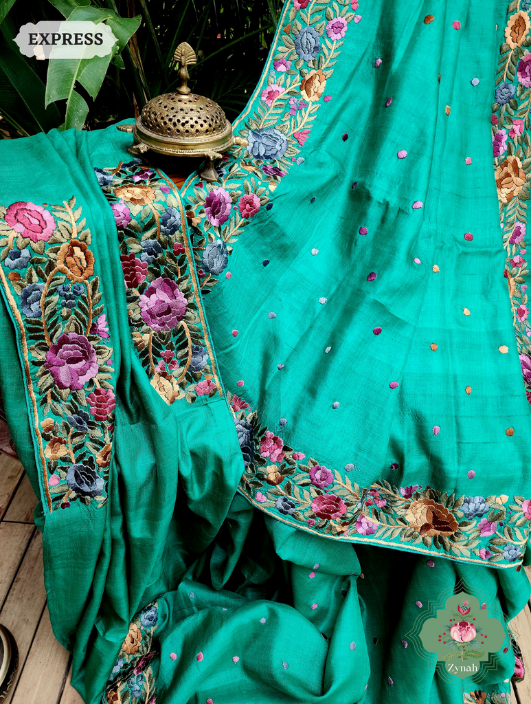 Rama Green Pure Tussar Silk Hand Embroidered Parsi Gara Saree 08