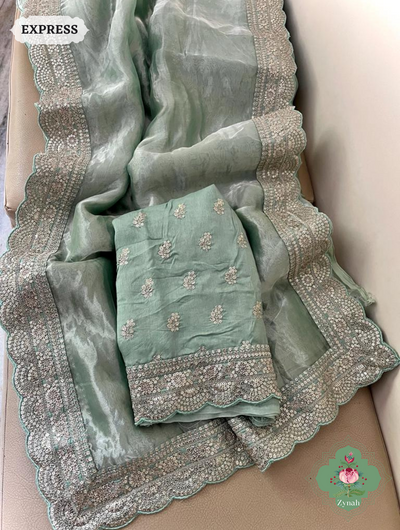 Zynah Green Pure Silver Tissue Saree With Sequins Embroidered Border; Custom Stitched/Ready-made Blouse, Fall, Petticoat; SKU: 0610202303