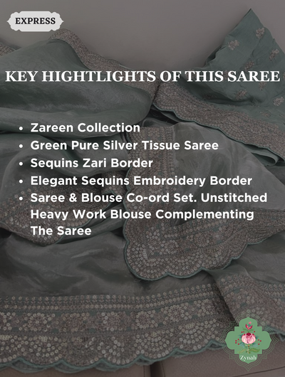 Zynah Green Pure Silver Tissue Saree With Sequins Embroidered Border; Custom Stitched/Ready-made Blouse, Fall, Petticoat; SKU: 0610202303