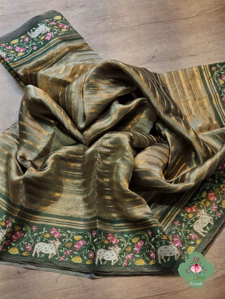 Bottle Green Pure Silver Tissue Silk Saree With Banarasi Stripes, Katan Pallu & Pichwai Embroidery 1